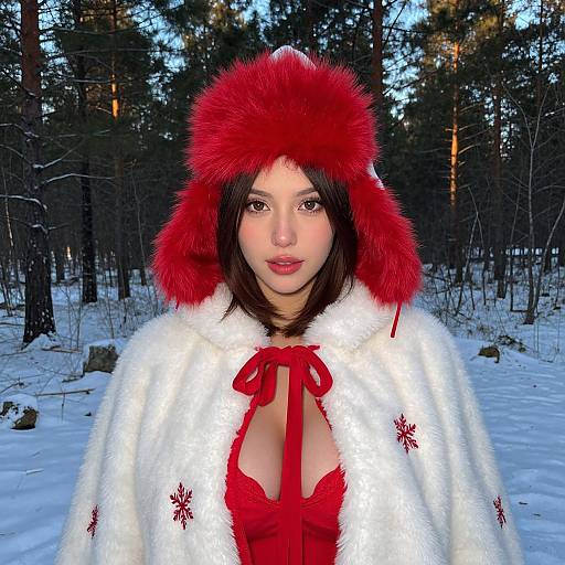 Photograph of a young woman with fair skin and dark brown hair, wearing a red fur hat and white fur coat with red snowflakes, over
