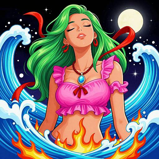 Vibrant Green-Haired Woman with Waves