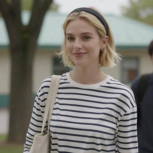 Blonde Woman in Outdoor Striped Outfit