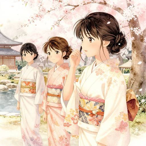 Three Japanese women in white kimonos with floral obis, standing under cherry blossoms, one adjusting her hair. Digital anime-style artwork.