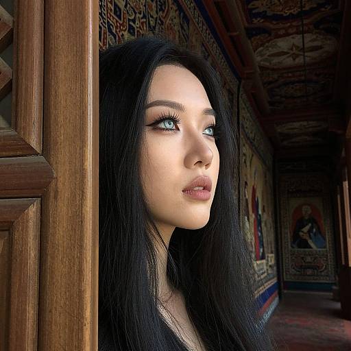 Photorealistic digital portrait of a fair-skinned woman with long black hair, blue eyes, and pink lips, standing in a wooden, intricately