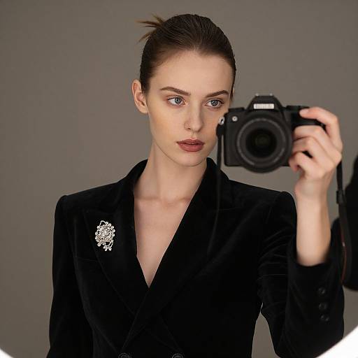 Photograph of a pale-skinned, brown-haired woman with a bun, wearing a black velvet blazer and floral brooch, holding a camera,