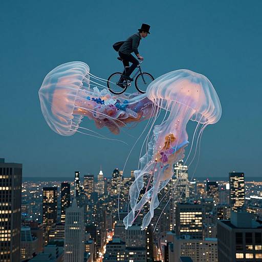 Photograph of a man in a top hat riding a bicycle atop two glowing, translucent jellyfish above a city skyline at dusk.