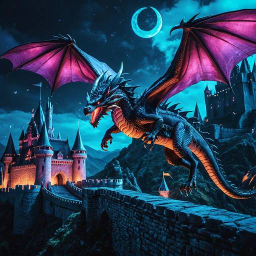Majestic Dragon Soaring Above Castle at Night