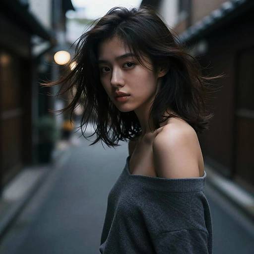 Photograph of an Asian woman with tousled black hair, wearing an off-shoulder grey sweater, standing in a dim, narrow urban alley with