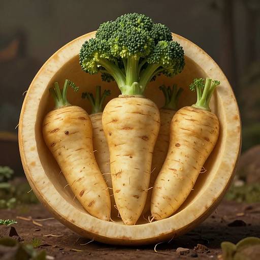 Photograph of three yellow carrots with green tops in a circular wooden bowl, set on dark soil with blurred background.