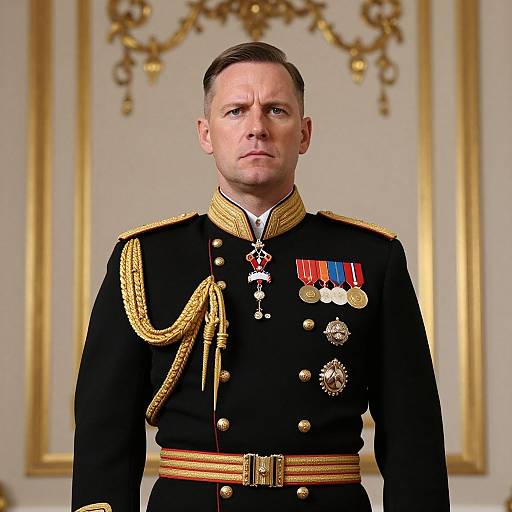 Photograph of a stern-faced, light-skinned male military officer in a black uniform with gold epaulettes, medals, and a red s