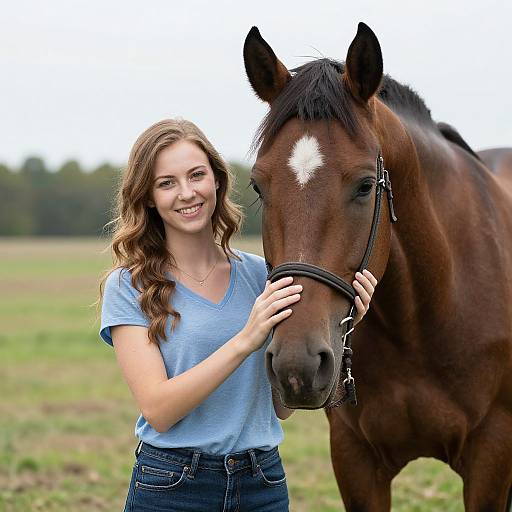Smiling Woman with Horse in Field