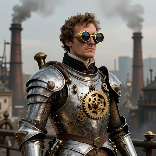 Steampunk soldier with curly brown hair, round yellow goggles, and metallic armor with gear details, stands in an industrial smoke-filled background. Photoreal