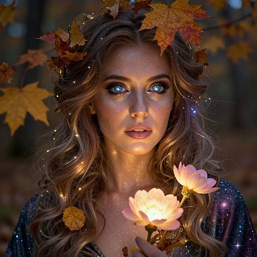 Photorealistic digital artwork of a woman with glowing blue eyes, wavy blonde hair, and autumn leaves in her hair, holding glowing orange flowers,
