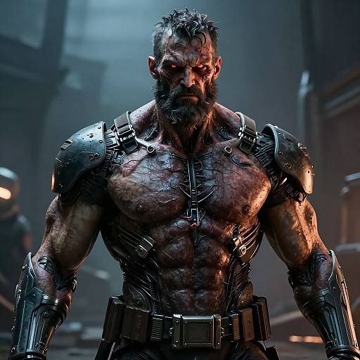 CGI image of a muscular, bearded, blood-streaked man with glowing red eyes, wearing dark, futuristic armor, standing in a dim