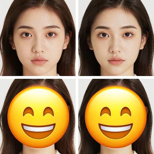 Photograph of an Asian woman with long black hair, shown in four portraits, two with smiley faces covering her mouth.