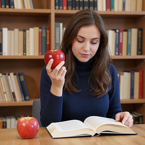Photograph of a brunette woman in a navy sweater, holding a red apple, studying an open book in a library.