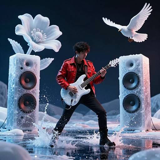 Rock musician in red jacket, black pants, white electric guitar, splashing water, surrounded by giant white flowers, flying doves, and large speakers