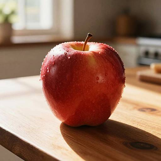 Photograph of a red apple with water droplets, sunlight streaming from the background, resting on a wooden kitchen counter.