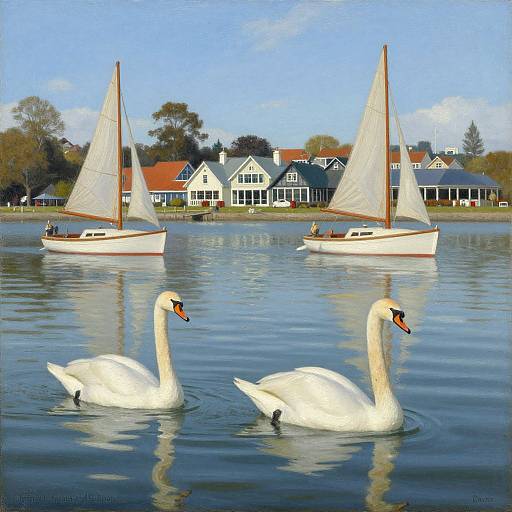 Oil painting: Two white swans in foreground, three sailboats with white sails on calm lake, white houses with red roofs in background, blue sky