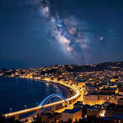 Nighttime photograph of a coastal city with brightly lit buildings, a curved blue-lit bridge, and a stunning Milky Way galaxy overhead.