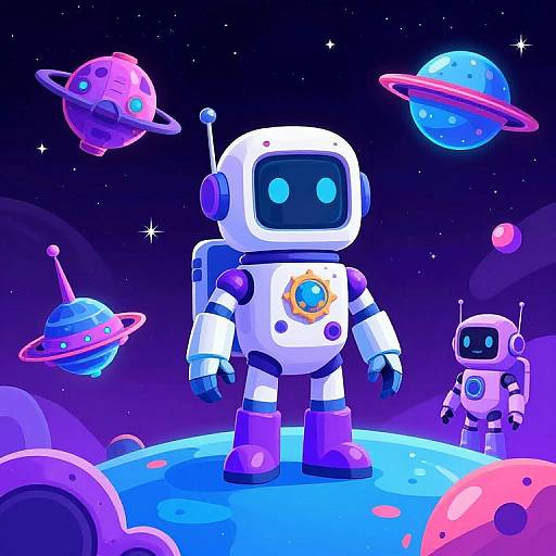Digital illustration of a neon-colored, cartoon robot standing on a planet with two smaller robots and colorful planets in the starry night sky.