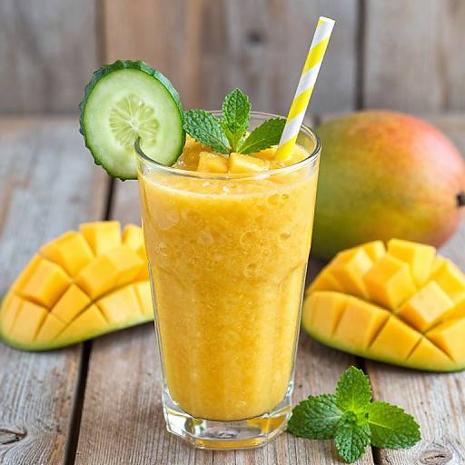 Photograph of a yellow mango smoothie in a glass with a cucumber slice, mint, and striped straw, surrounded by sliced mangoes and whole mango