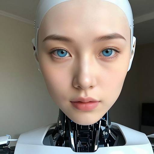 Photorealistic CGI of a young woman with blue eyes, pale skin, and a bald, robotic head, wearing white and black mechanical armor.