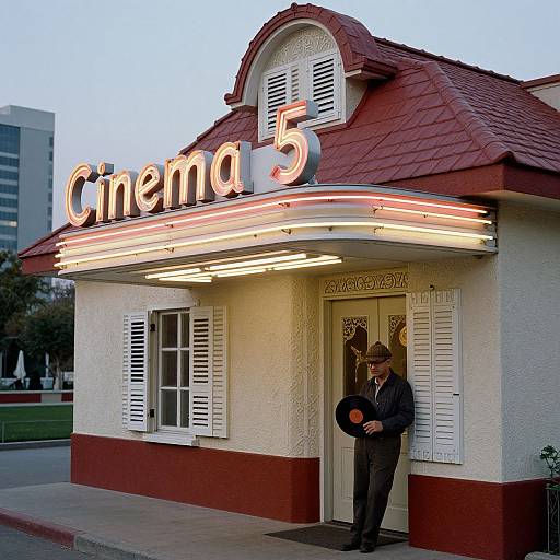 Photograph of a vintage cinema with red roof, glowing 