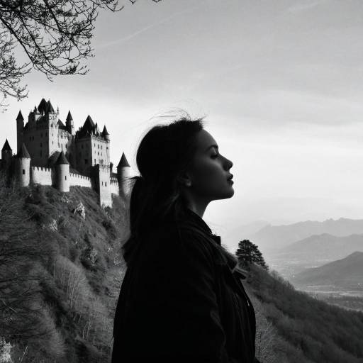 Monochrome Portrait of Girl Near Castle