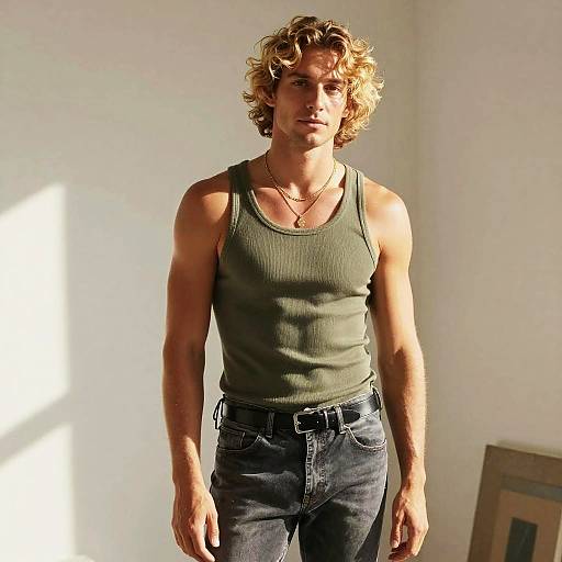 Photograph of a muscular man with curly blonde hair, wearing a green tank top and blue jeans, standing in a sunlit room.
