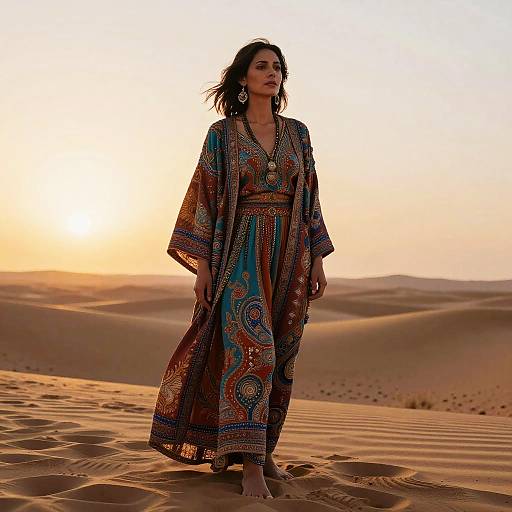 Photograph of a woman with dark hair, wearing a colorful, patterned, long dress, standing barefoot in a golden desert sunset.