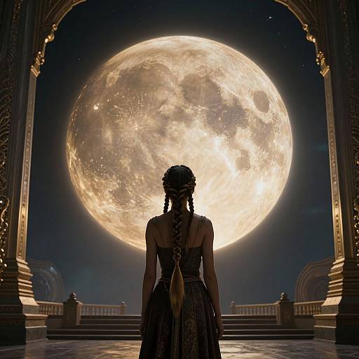 Silhouetted woman with braided hair and Victorian dress stands before a massive, glowing full moon in an ornate, darkened archway.