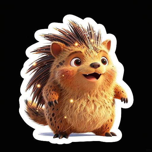 Cute, digital CGI cartoon hedgehog with fluffy orange fur, black spines, and large expressive eyes, smiling against a black background with a white