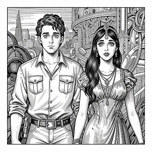 Black-and-white ink drawing of a handsome man in a shirt and a beautiful woman with long hair in a dress, standing against a detailed, patterned