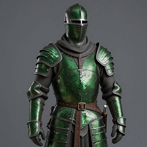 Photorealistic CGI of a green, scale-armored knight in full plate armor with a metal helmet and black face mask, set against a gray background