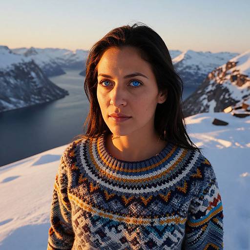 Photograph of a young woman with blue eyes, long dark hair, and fair skin, wearing a colorful knitted sweater, standing in snowy mountains at