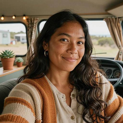 Sunlit Campervan Selfie, Indigenous Australian Woman
