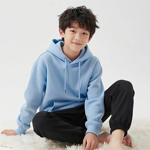 Photograph of a young Asian boy with tousled black hair, sitting cross-legged on a white fur rug, wearing a light blue hoodie and black pants