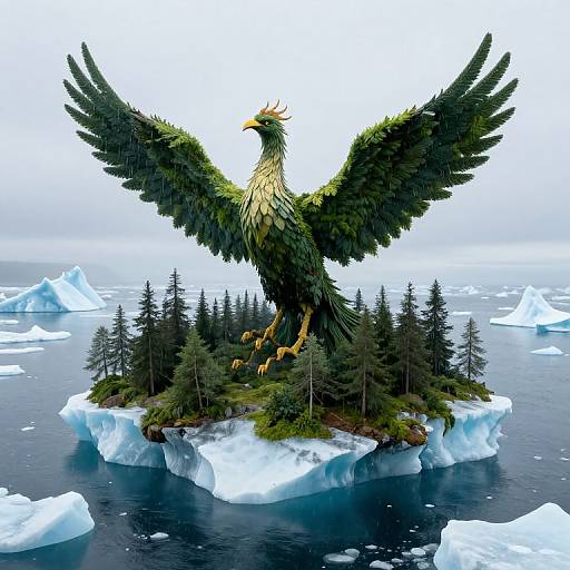 Photorealistic digital art: majestic phoenix with green feathers, wings spread, standing on icy island surrounded by floating icebergs and evergreen trees.