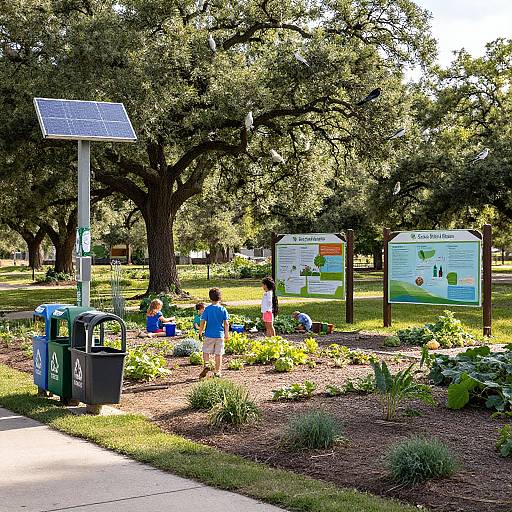 Photograph of a sunny park with solar-powered trash cans, informational signs, children playing in a garden, and large trees in the background.
