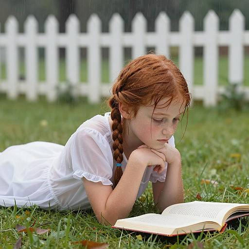 Serene Girl Reading in Rainy Meadow