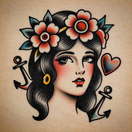 Tattoo-style illustration of a fair-skinned woman with black wavy hair, red cheeks, wearing a flower crown, yellow earrings, and an