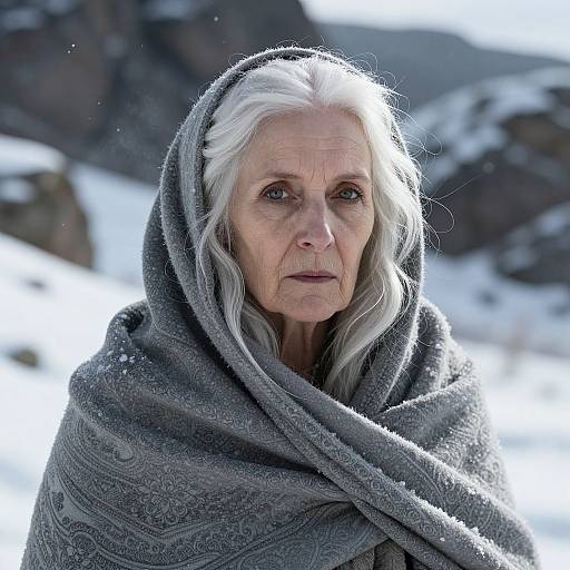 Photograph of an elderly woman with long white hair, fair skin, and deep blue eyes, wrapped in a gray, patterned shawl in a