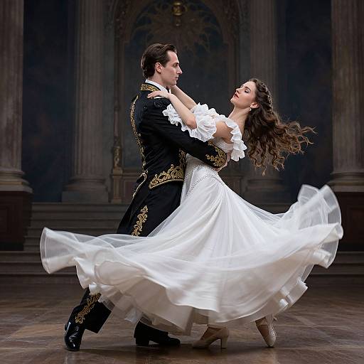 Photograph of a dancing couple in a grand hall: a dark-suited man in ornate black attire holds a flowing white dress-wearing woman,