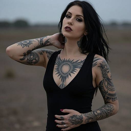Edgy Tattooed Woman in Moody Landscape