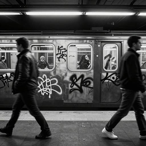 Black-and-white photograph of a subway station: two blurred pedestrians walking past a graffiti-covered train with three visible passengers inside.