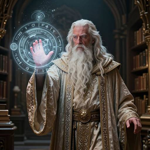 Photorealistic digital image of a white-bearded wizard in ornate robes, casting a glowing magical circle in a dim, book-filled library.