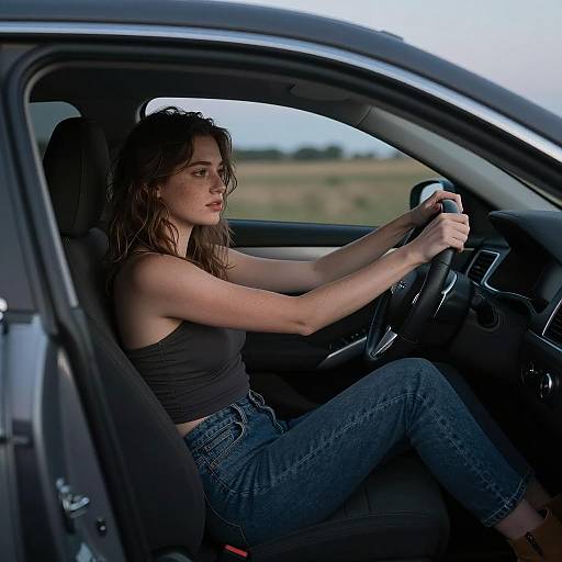 Woman Driving in Modern Car at Twilight