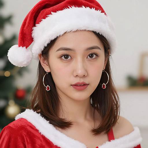 Photograph of a young Asian woman with fair skin, wearing a red Santa hat and red velvet dress with white fur trim, black earrings, and a