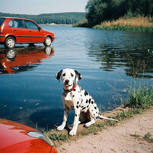 Wide-Angle Cute Dalmatian Puppy by Lake