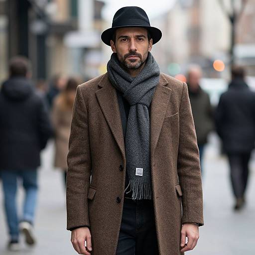 Photograph of a bearded man in a brown tweed coat, black hat, and gray scarf, standing on a blurred urban street.