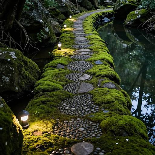 Photograph of a moss-covered stone path winding through a forest, illuminated by small, warm lights, with a calm river reflecting the scene on the right