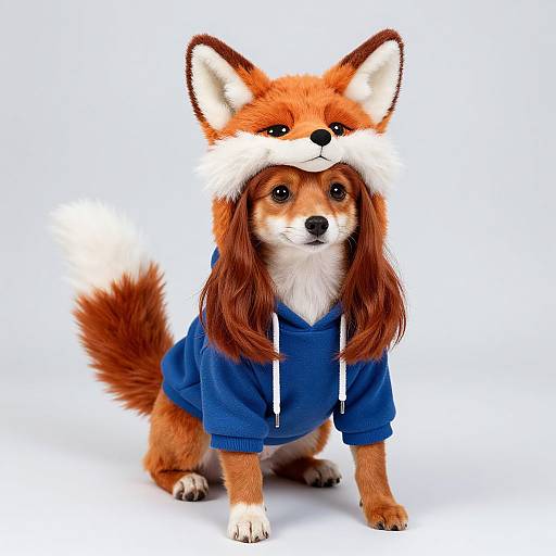Photograph of a small brown and white dog wearing a blue hoodie, with a plush red fox hat on its head.